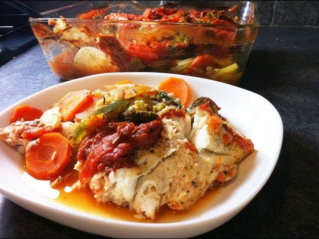 Filet de colin et légumes au four