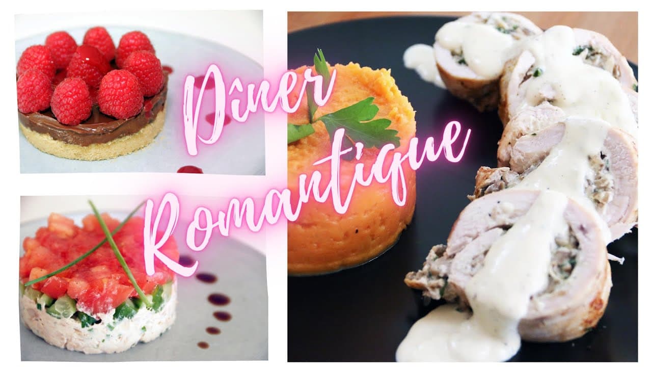 Menu dîner romantique : tartare de thon et tomate, roulé de dinde farci et tartelette au chocolat sans cuisson