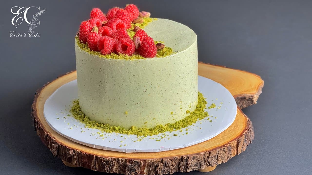 Pistachio Cake with Raspberry Confit and Pistachio Ganache
