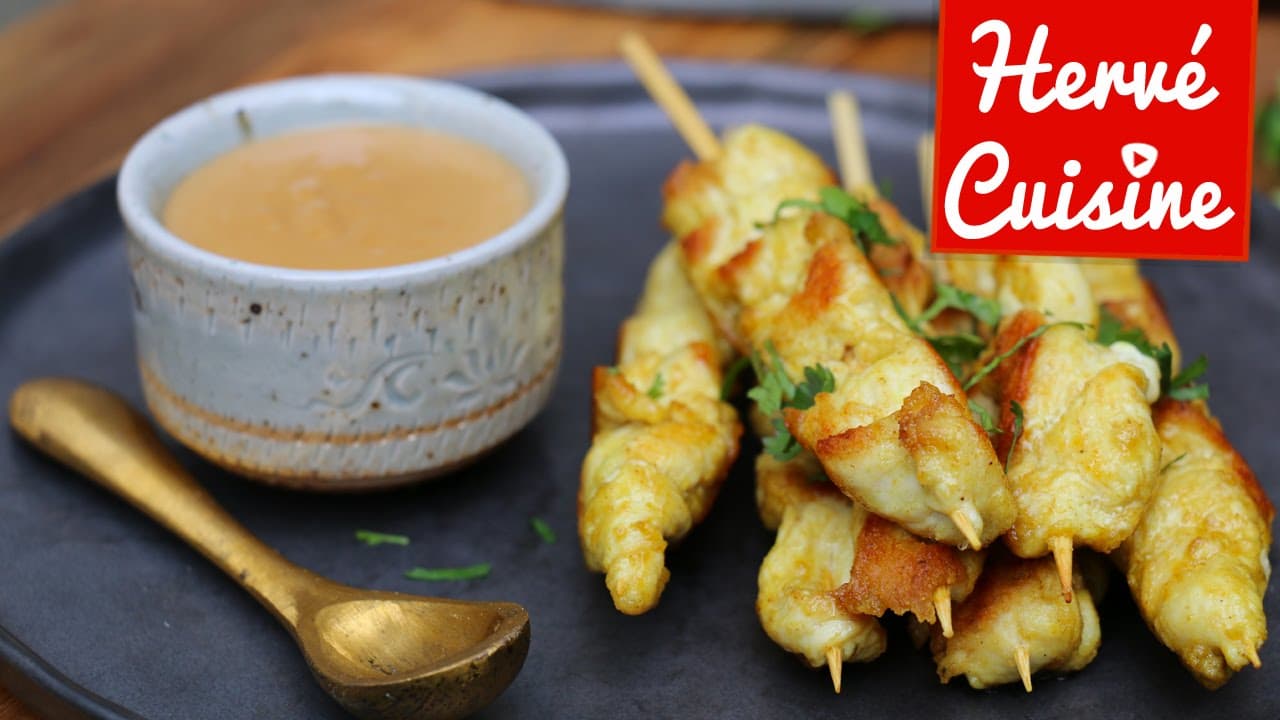 Brochettes de poulet satay, sauce cacahuète