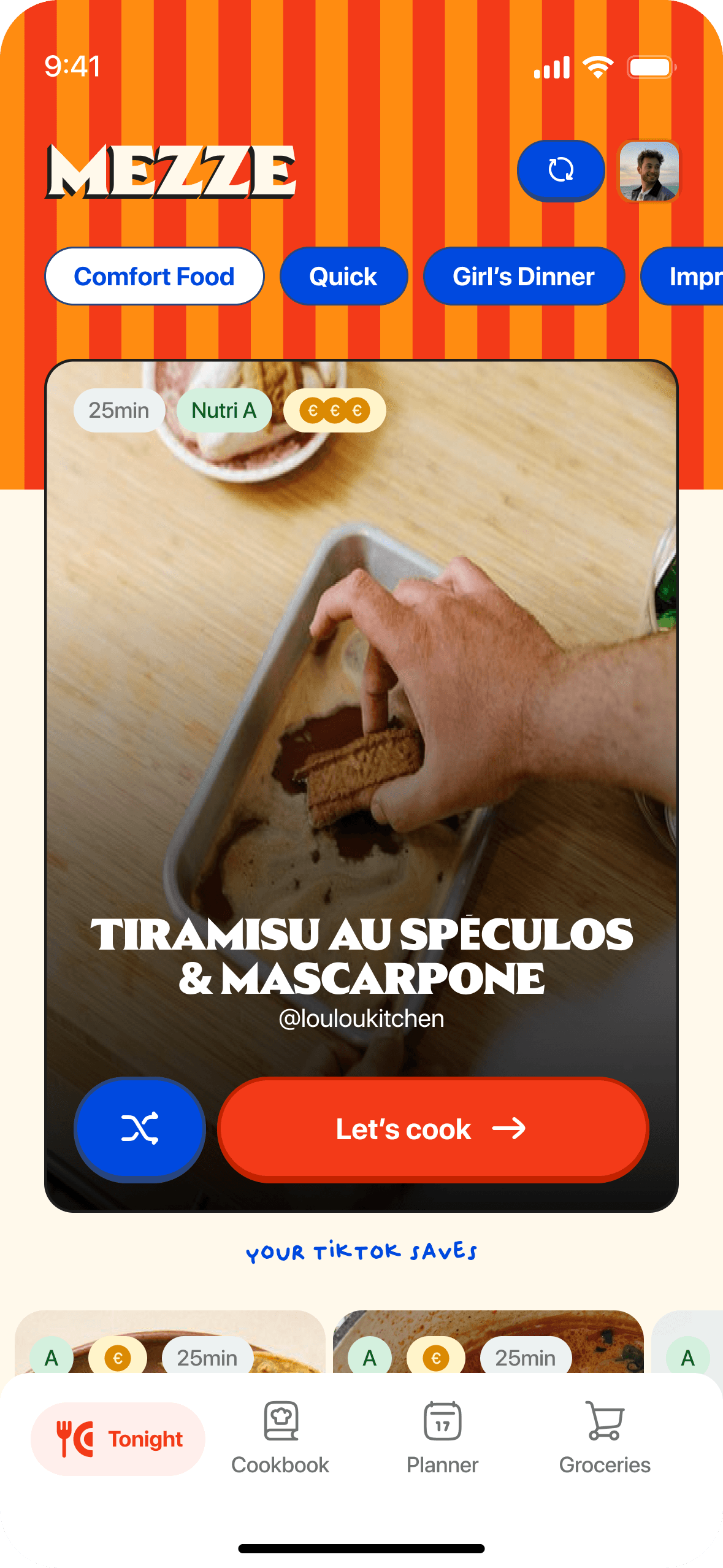Mezze app: a saved tiramisu recipe, ready to cook, with cookbook, planner and groceries tabs