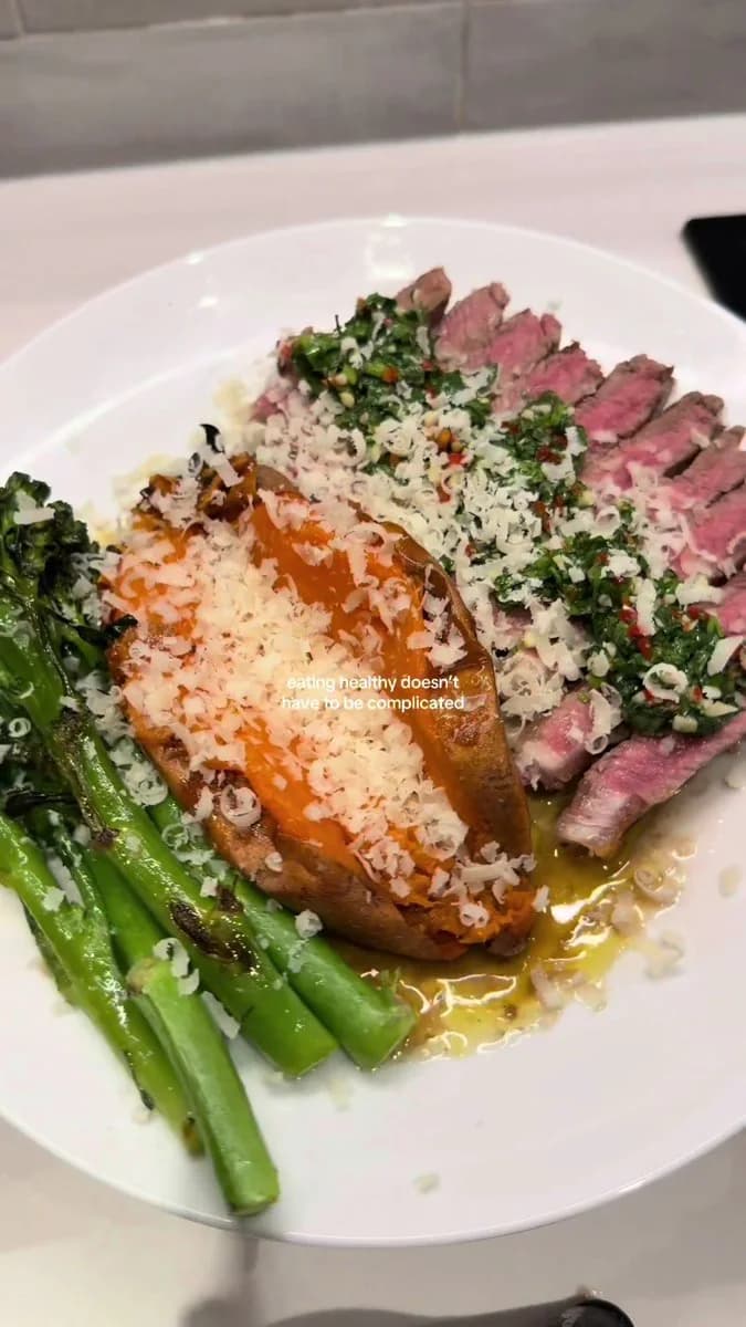 Chimichurri Steak with Sweet Potato and Tenderstem Broccoli by @becky_bfit