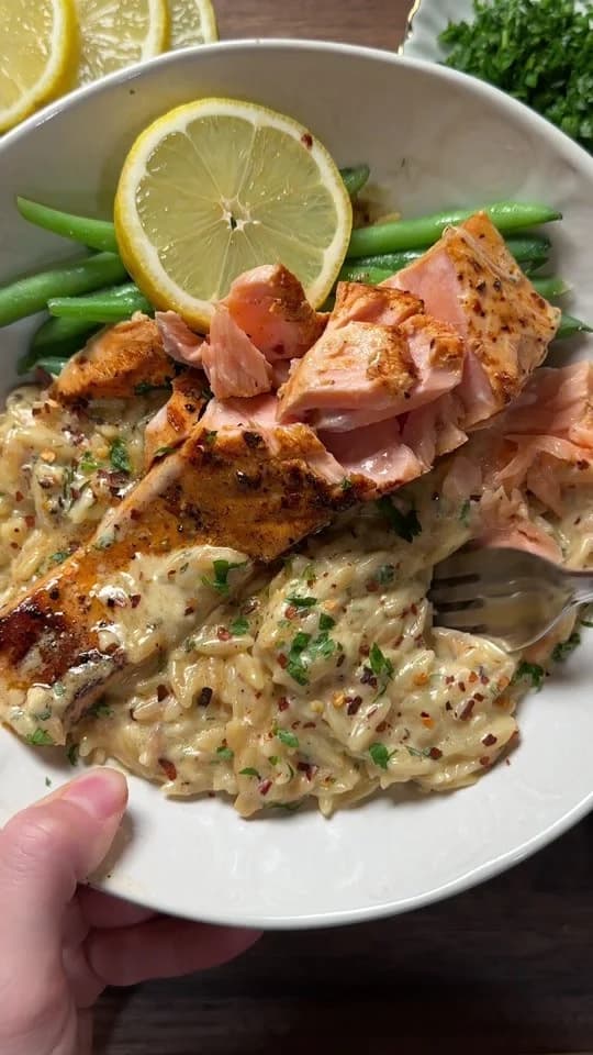 Creamy Lemon Garlic Orzo with Salmon by @nutrientmatters