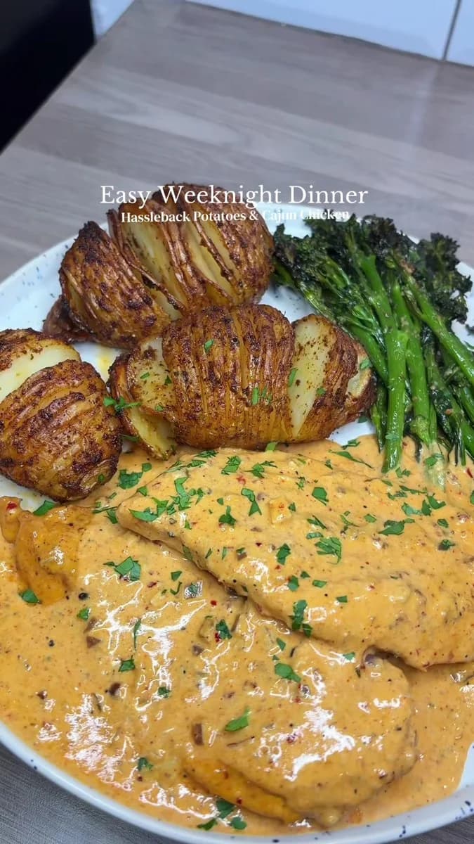 Hasselback Potatoes with Creamy Cajun Chicken and Air-Fried Broccoli