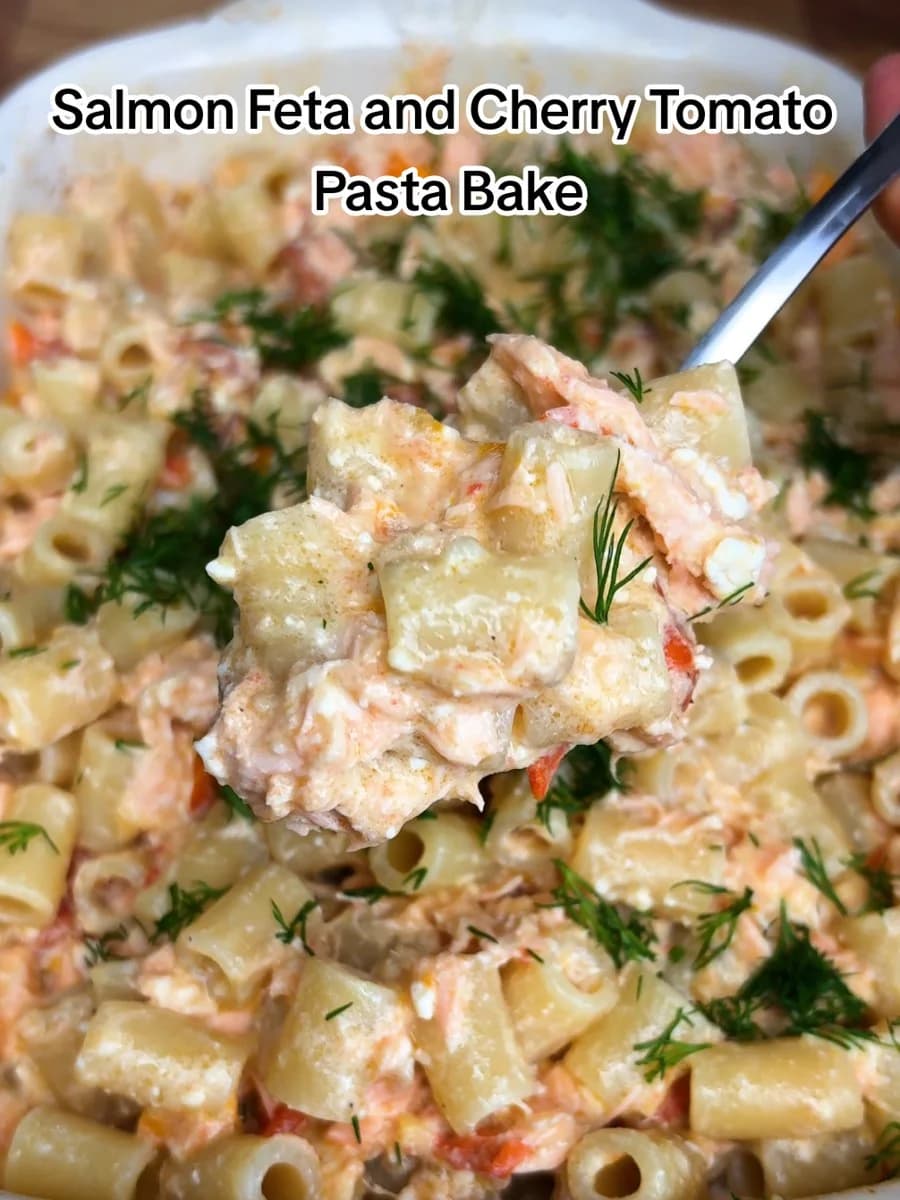 Salmon, Feta and Cherry Tomato Pasta Bake