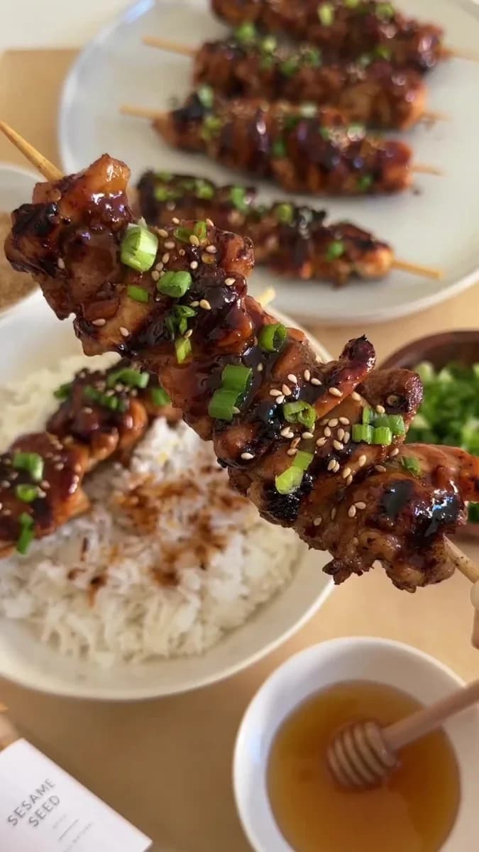 Sticky Honey Garlic Chicken Skewers by @moribyan