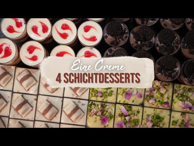 Vier Schichtdesserts aus einer Basiscreme (Pistazie, Erdbeer-Kokos, Nussnougat, Haselnuss-Bueno)